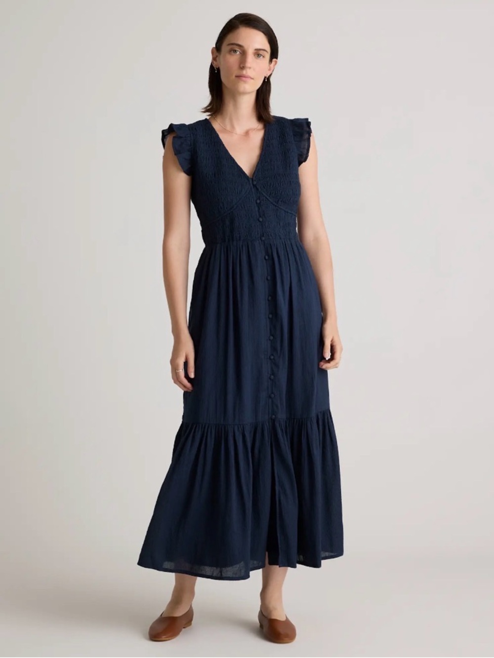 NWT Quince Organic Textured Cotton Smocked Navy V-Neck Midi Dress